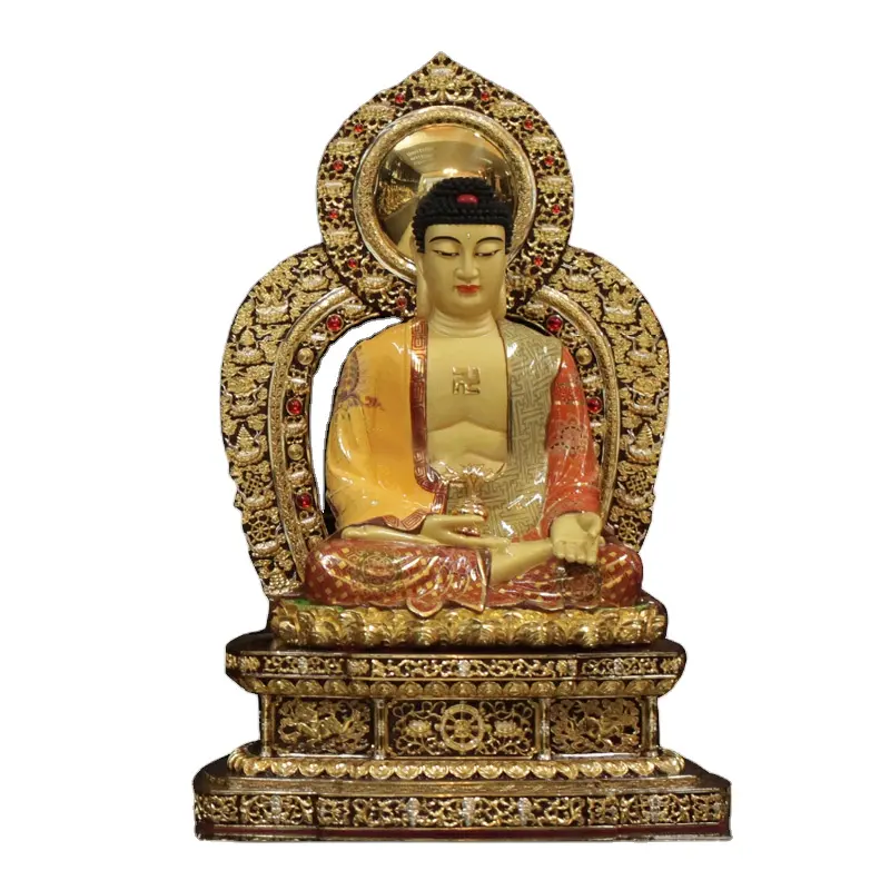 Uma estátua de buda em bronze de ouro em casa encolhendo o terceiro buda amitabha sentado estátua shakyamuni buda