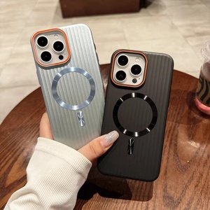 Plating Metallic Style Corrugated Stripes <b>PC</b> Phone Case for iPhone 12 13 14 15 16 Pro Max <b>Wireless</b> Charging Magnetic Cover Shell - Product Image 2