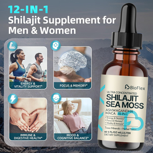 BioFlex Private Logo 12-in-1 Shilajit vloeibare druppels met zeewier, <span class=keywords><strong>Ashwagandha</strong></span> & 85+ sporenelementen Fulvinezuur voor mannen en vrouwen - Product Image 6