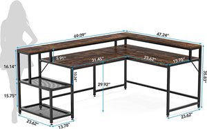Bureau d'ordinateur d'angle long réversible en forme de L multifonctionnel pour la maison, le bureau, le bureau de direction avec des étagères plates - Product Image 5