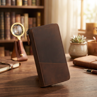 Dompet Perjalanan Kulit Asli Besar Model Distressed dengan Ritsleting, Lapisan Satin, Kapasitas Besar untuk Paspor, Tiket, Kartu Kredit