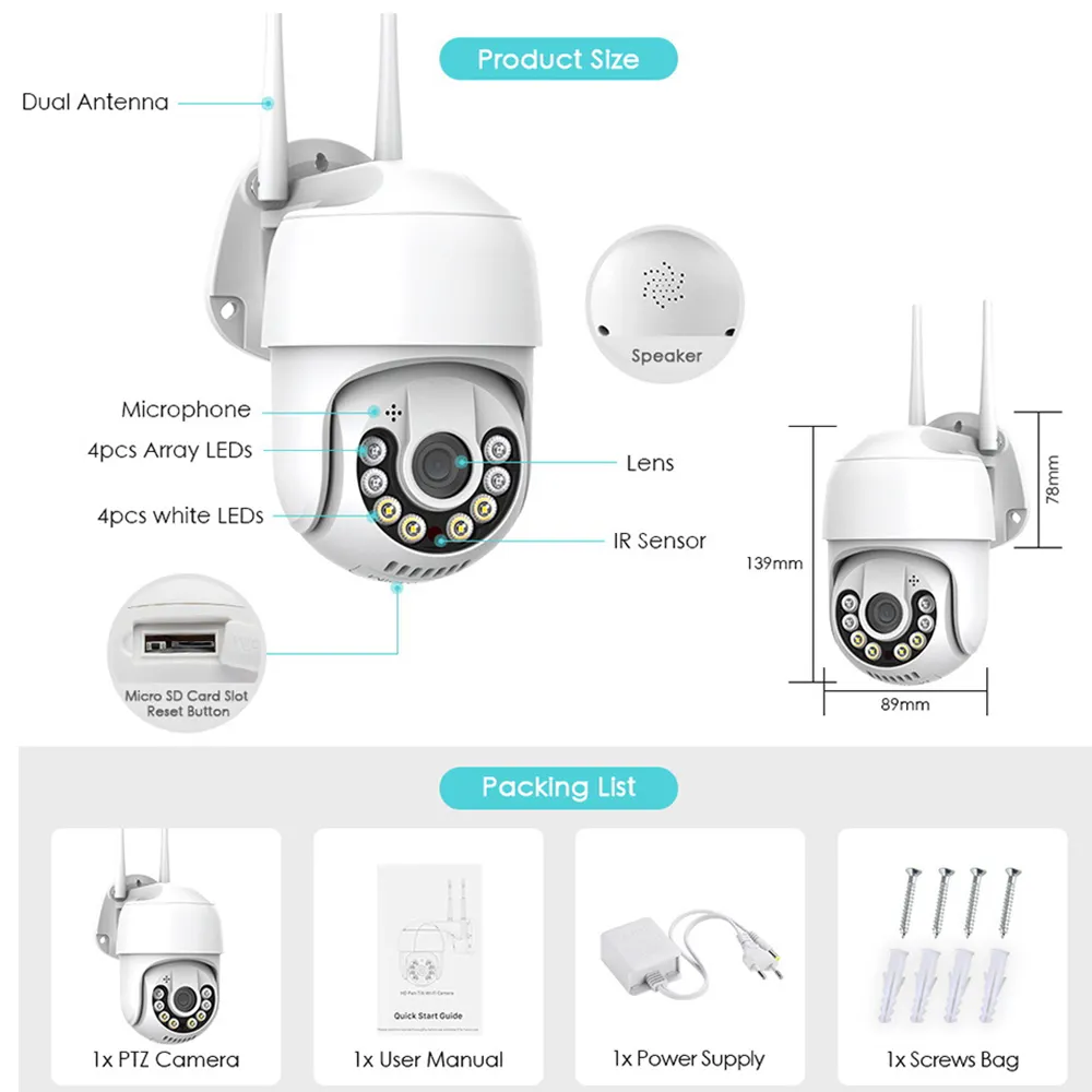 Full Hd 1080p 17SEE APP Mini PTZ Wifi IP Camera Outdoor Colorful Night Vision Security Camera IP66 Waterproof PTZ WIFI Camera