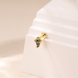Piercing Labret de Plata de Ley S925 con Ágata Verde Musgo, Diseño Geométrico de Rombo, Parte Trasera Plana - Product Image 3