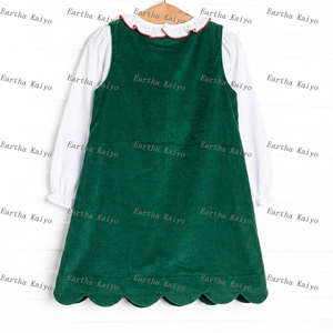Monogram Baby Girls Christmas Corduroy <strong>Dress</strong> Set Custom Kids Red Green Ruffle Collar Shirt and Scalloped Pinafore <strong>Dress</strong> - Product Image 5