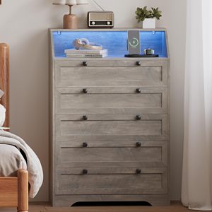 Commode SENYU à 5 tiroirs avec station de charge, design moderne avec colonnes et éclairage LED - Product Image 1