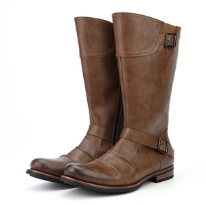 Men's <b>Knee</b>-<b>High</b> Moto Biker Boots Genuine Leather Round Toe Flat Heel Anti-Slippery Rubber Outsole Buckle Decoration - Product Image 1