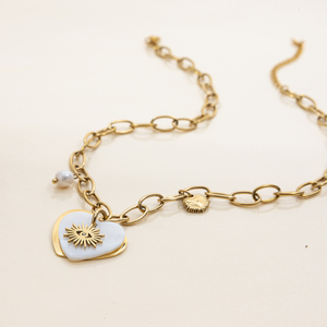 Collar con Colgante de Corazón de Concha de Moda para Mujer, Dijes de Corazón con Ojo Enamorado, Cadena de Eslabones, Collar de Perlas - Product Image 5