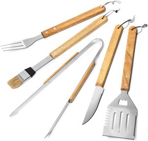 Juego de 6 Utensilios para Barbacoa con Mango de Madera, Accesorios para Asar, Caja de Transporte Portátil de Bambú para Acampar al Aire Libre - Product Image 5