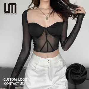 Liu Ming ฤดูใบไม้ร่วงแฟชั่นผู้หญิงเซ็กซี่สินค้าใหม่สีดําตาข่ายโปร่งใสเลดี้ Crop Tops เสื้อยืด