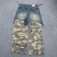 Pantalon cargo camouflage en jean double couche 2 pièces, coupe droite, avec patchs, effet délavé et déchiré, style patchwork, fabrication sur mesure