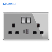 LangYeao - Panel de Vidrio Templado Completo, Negro, de Lujo, Universal, 13 A, Enchufe de Pared para Reino Unido, Tomas de Corriente USB+TYPE C, Nuevo Diseño