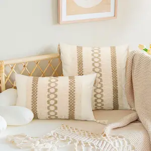 Sarung bantal Linen katun penutup bantal Farmhouse sarung bantal lempar dengan rumbai