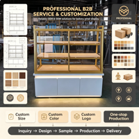 Vitrine de boulangerie commerciale, présentoir à pain en verre avec cadre doré, éclairage LED et rangement inférieur, sur mesure pour boulangerie