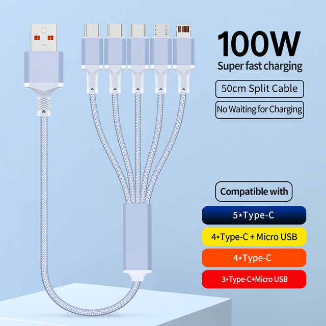 Multi 5 in 1 Fast Charging Data Cable USB Type C Braided Nylon Phone Cord for IPhone/Phones
