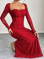 Robe longue maxi élégante et décontractée pour femme, coupe droite, manches longues, décolleté plongeant, dentelle florale, fente arrière, tendance 2026