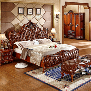 Ensemble de lit en bois massif de style royal européen avec un cuir véritable solide et durable pour une utilisation à domicile, dans une villa ou un hôtel - Product Image 2