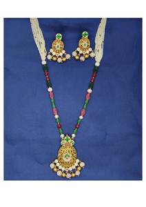 Ensemble de collier traditionnel plaqué or avec perles multicolores, pendentif style temple antique et boucles d'oreilles pendantes assorties pour occasions festives - Product Image 2