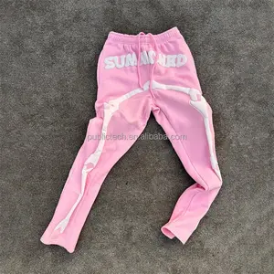 Penjualan laris pakaian jalan logo kustom berat merah muda kasual dikemas puff cetak celana olahraga pria celana suar keringat