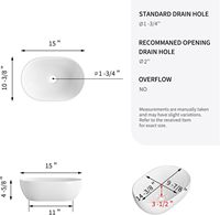 Lavabo vasque ovale blanc moderne pour salle de bain, 15" x 10", en granit, capacité 9L, garantie 5 ans, montage sur comptoir, céramique émaillée, avec drain