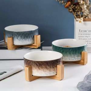 Doubles bols en céramique de luxe coréen, épais et durable, mangeoire alimentaire surélevé, bols pour animaux de compagnie avec support, collection 2021 - Product Image 3