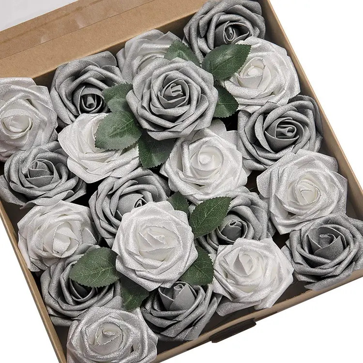 Artificial Foam Roses Decor DIY for Wedding Bouquets Centerpieces Arrangements Party Home Decor Shimmer Silver&Grey