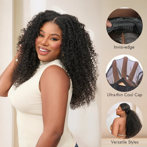 2026 New 3-In-1 <strong>Half</strong> <strong>Wig</strong> 180% Density Kinky Curly Glueless <strong>Wig</strong> Raw Indian Human Hair Flexi-Fit Drawstring <strong>Wigs</strong> for Black Women - Product Image 4