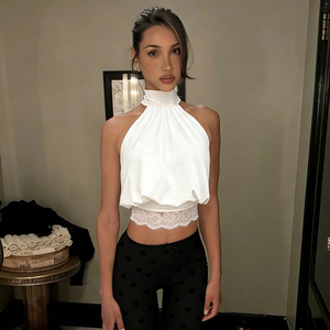 Women's satin halter neck backless stand collar cropped top, lace hem waist-cinching sexy vest - Product Image 6