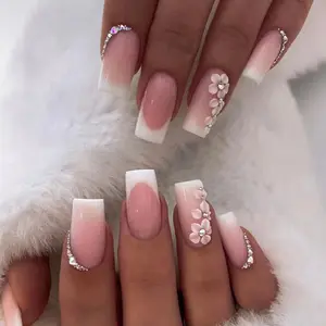 Witte Bloem Franse Eenvoudige Balletpers Op Nagelset Afneembare Vierkante Kop Valse Nagels Acryl Volledige Dekking Schattige Nep Nagels Tips