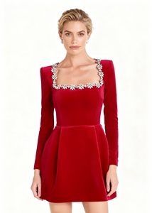 Vestidos Elegantes de Terciopelo de Seda con Cuello Cuadrado y Adornos de Diamantes para Mujer - Product Image 3