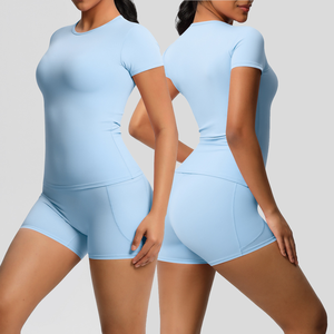 Ensembles de 2 pièces de leggings personnalisés à manches courtes brossées douces et à poches de coupe ajustée pour le yoga et le sport - Product Image 1