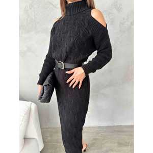 Robe en tricot ceinturée noire, robe pull midi décontractée avec ceinture et poches - Product Image 4