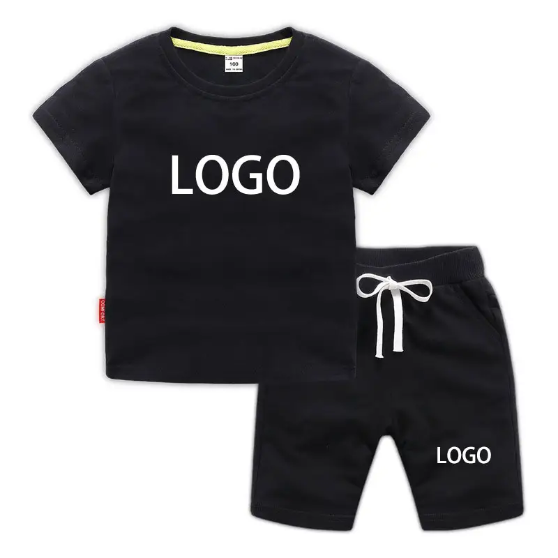 Custom Made Summer Kids Sportswear Set Cotton Kids Clothing Custom Logo Drawstring Shorts Kid Clothing Set