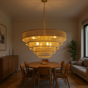 Lámpara Colgante Moderna de Estilo Boho de 24 Pulgadas y 5 Capas de Cuerda de Cáñamo Tejida con Acabado Dorado para Sala de Estar o Comedor - Product Image 2