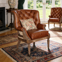 Ensemble de chaises de salle à manger rétro style campagnard, assise en cuir marron rembourrée avec structure en bois massif, chaises d'appoint pour cuisine style ferme