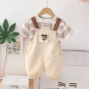 Traje de manga corta con tirantes de dibujos animados para niños de dos piezas de verano a rayas finas informales para niños nuevos - Product Image 3