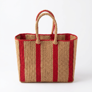 Sac fourre-tout bohème rayé en crochet, écologique, décontracté, unisexe, avec deux poignées, durable, ouverture supérieure, usage quotidien, beige, rouge, jaune - Product Image 4