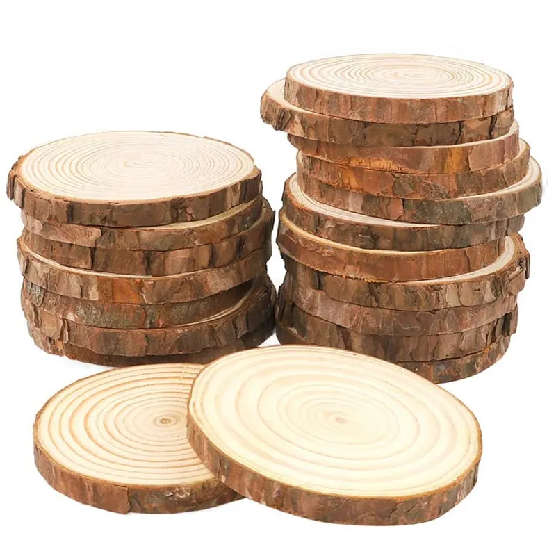 Chips de madera Natural, placa de madera redonda, Círculo de madera de corteza, utilizado para artesanía artesanal, posavasos hecho a mano, 20 Uds.