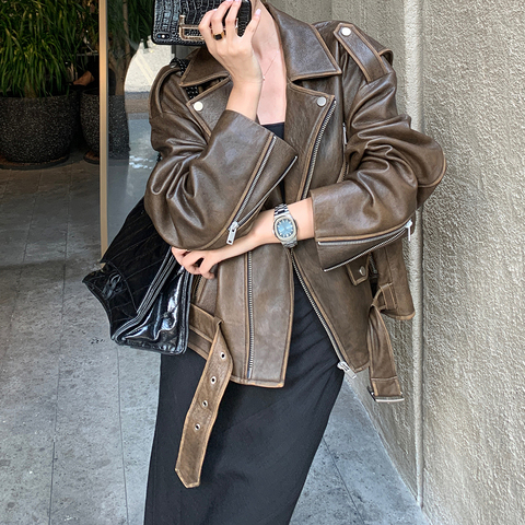 3261-4 High Quality European Style Long Sleeves Loose Vintage Brown Genuine Leather Jacket for Women