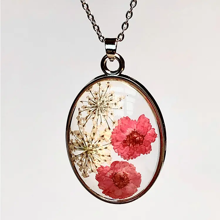 Custom Locket Resin Necklace Jewelry Real Rose Stainless Steel Necklace With Dry Flowers