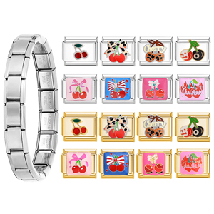 Bracelet à breloques italien 9 mm en acier inoxydable, avec maillons modulaires DIY, motifs cerise, nœud coquette, léopard, crâne, boule 8, cadeau de bijoux - Product Image 1