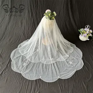 费什洛热卖结婚面纱2层手工串珠边白色象牙女人新娘面纱配梳子结婚饰品