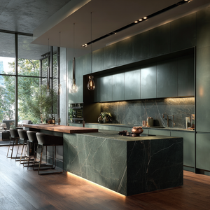 Gabinetes de Cocina Modernos de Lujo Verde Oscuro VSME con Isla de Mármol, Barra de Madera y Juego de Gabinetes Modulares - Product Image 5