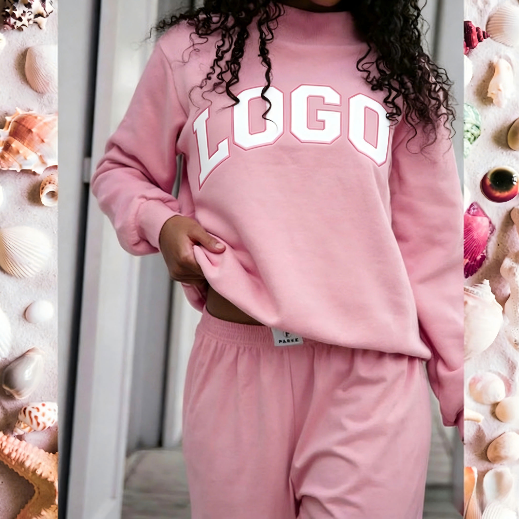 Pink with white text