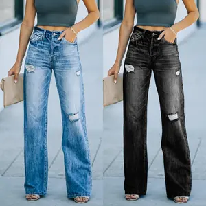 ג'ינס לנשים חורים קרועים שטופים כיסי סנט מלוכסנים במצוקה מכנסי ג'ינס מכנסיים ג'ינס וביגוד