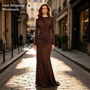 <span class=keywords><strong>Robe</strong></span> longue plissée pour femmes, col rond, manches longues, unie, élégante, pour banquets, vacances, mode automne, coupe ajustée, décontractée, livraison rapide - Product Image 1