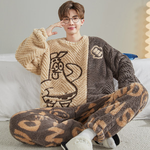 Conjunto de <span class=keywords><strong>Pijama</strong></span> de Felpa Suave para <span class=keywords><strong>Hombre</strong></span>, Cuello Redondo, Manga Larga, Talla Grande, Ropa de Dormir para Invierno - Product Image 4