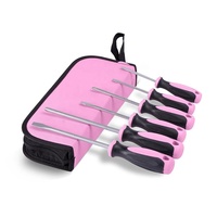 Kit de tournevis rose à tête plate Phillips en chrome 6 pièces avec poignée en plastique et sac à outils OEM pour femmes