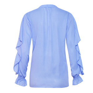 Automne été bureau dame solide col en v en mousseline de soie <span class=keywords><strong>Blouses</strong></span> femmes décontracté élégant volants Flare manches chemises hauts amples - Product Image 3