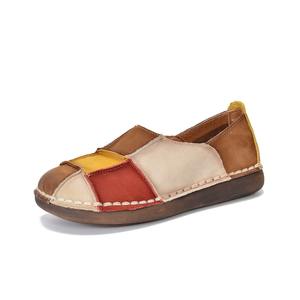 Chaussures plates rétro en patchwork de couleurs contrastées, chaussures plates en cuir véritable pour femmes, bout rond, semelle souple, chaussures simples pour femmes - Product Image 1