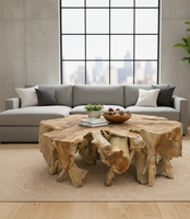Table basse multifonctionnelle en racine de teck naturel, artisanale, en bois massif, durable, contemporaine, avec plateau en verre, luxe, antique, multi-usages